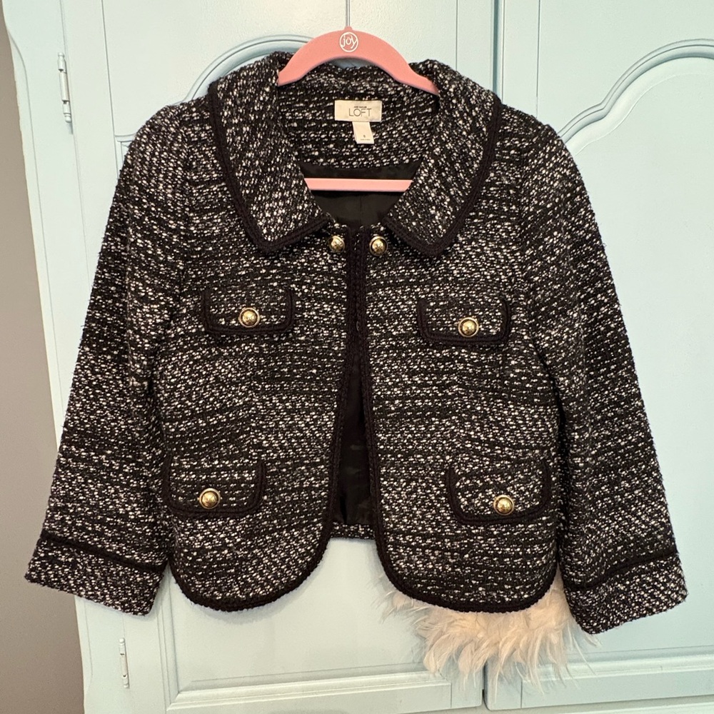 LOFT Women’s Black and White Tweed Blazer with Gold Accents